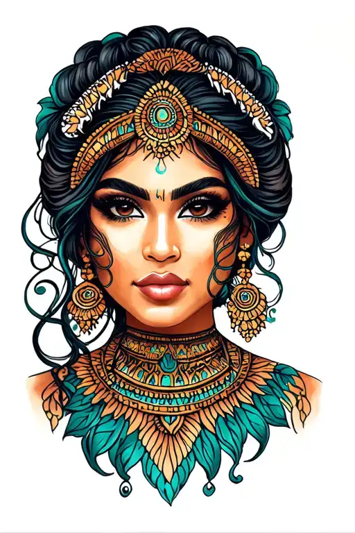 Latina lady face, chicano style, sexy, Aztec pattern tattoo design idea