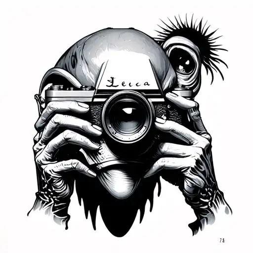 alien holding Leica camera to his right eye looking tattoo design idea