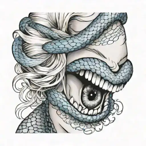black and grey realism. Voluptuous blonde woman wearing snakeskin top. Vibrant blue snake eyes peering over the top sung tattoo design idea