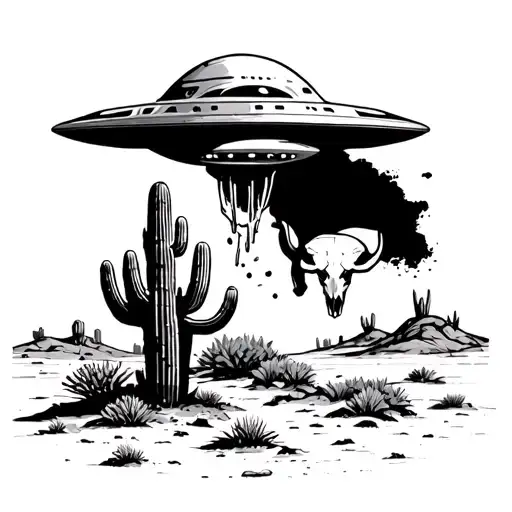 Simple desert landscape with cactus being abducted by ufo with a bull skull next to the cactus tattoo design idea