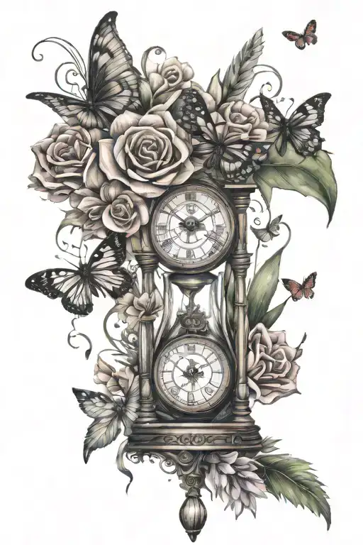 dreamcatcher cracked  hourglass butterflies fluttering with three gladiolus flower one honeysuckle and one carnation tattoo design idea