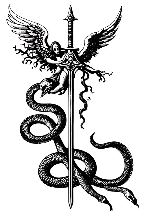 poison tree with a snake wrapped around it with a angel hovering above with a sword tattoo design idea
