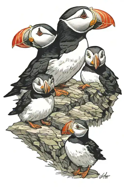 family of puffins.  one adult,  two babies doing funny things. onlyb3 puffins in total tattoo design idea