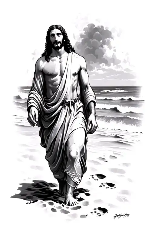 Footprints In The Sand jesus walking tattoo design idea