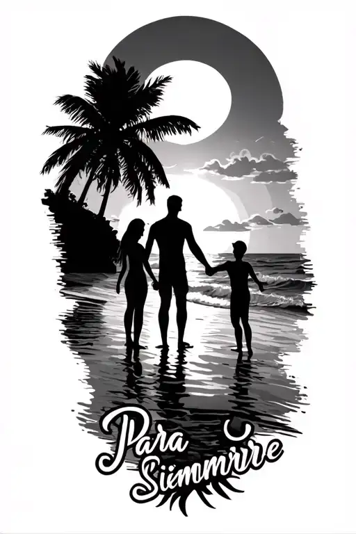 "Para siempre" sunset beach scheme black sillhouete.  Girl, Man, Boy holding hands. Text para siempre underneath tattoo design idea
