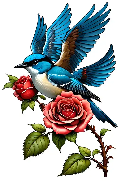 blue wren with wings outstretched flying around a rose stem tattoo design idea