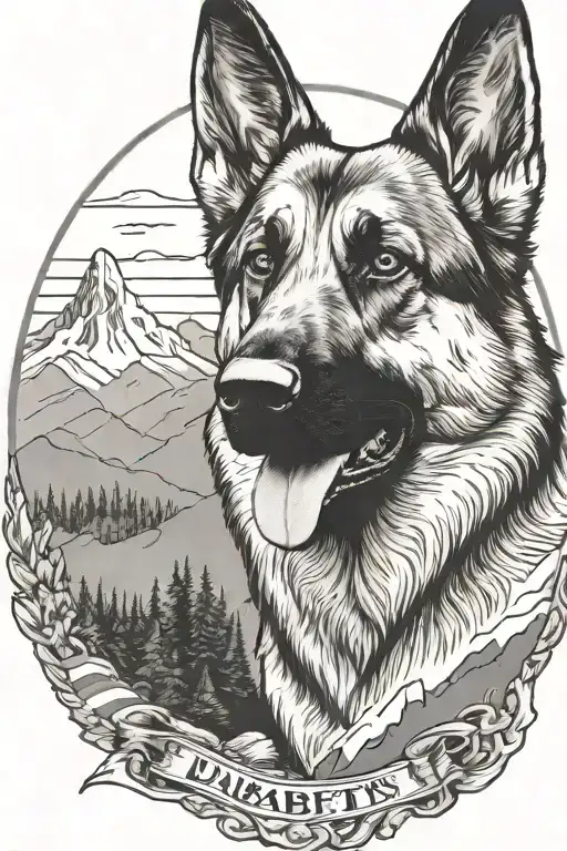 German shepherd saying "diabetes" American flag mountain scene tattoo design idea