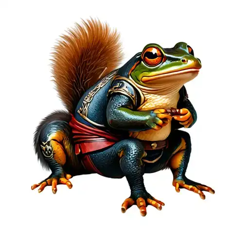 ninja squirrel versus samurai frog sitting tattoo design idea