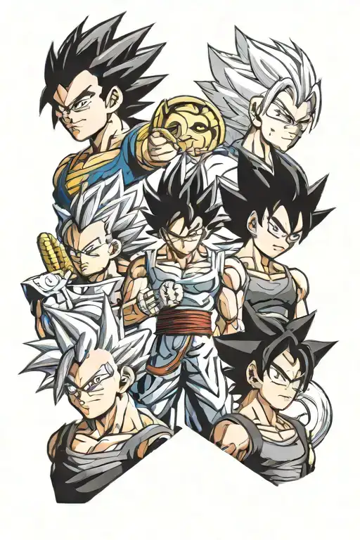 ruffy gear 5 badass, vegeta ultra ego badass, sasuke uchiha badass. all 3 next to each other tattoo design idea