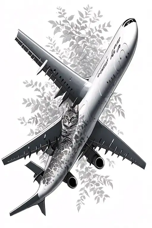 boeing 747 covered in ivy and cats tattoo design idea