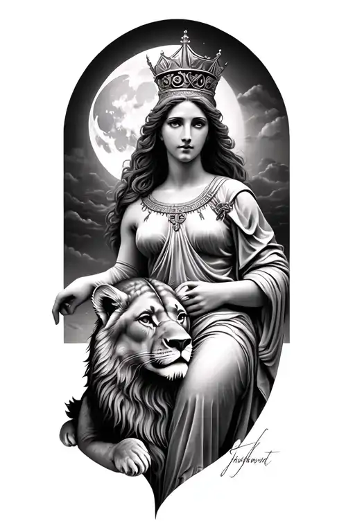 black & grey realism motherhood greek goddess, whole body, with crown, moon, lion cub tattoo design idea