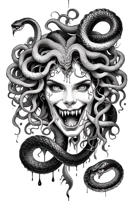 medusa, pretty, black snakes and flowing tears, showing fangs tattoo design idea