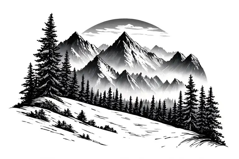 mountains and pine tree forest landscape for inner bicep tattoo design idea