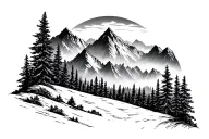 mountains and pine tree forest landscape for inner bicep tattoo design idea