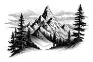 mountains and pine tree forest landscape for inner bicep tattoo design idea