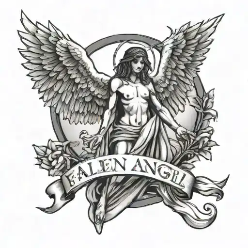 fallen angel with Latin phrase ave christus rex tattoo design idea