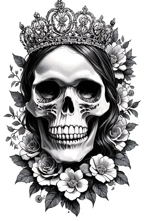 skull, princess, tiara, flowers tattoo design idea