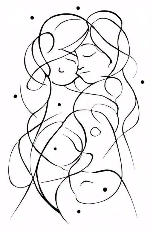 feminine chaos lines, curves, dots representing a mother and 2 sons tattoo design idea