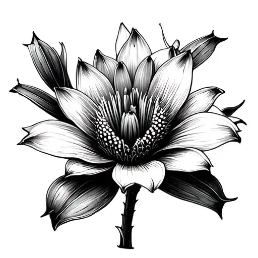artistic black and white close-up of a cactus flower tattoo design idea