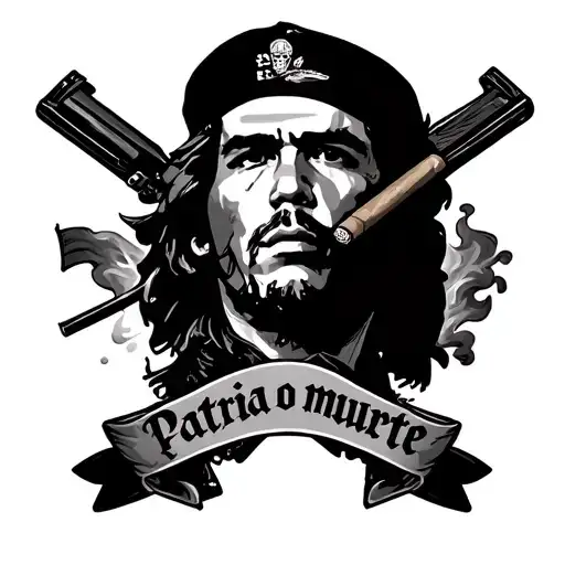 Che Guevara’s face, the smoke from a cigar AK-47 crossed banner with the phrase “patria o muerte” tattoo design idea