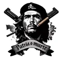 Che Guevara’s face, the smoke from a cigar AK-47 crossed banner with the phrase “patria o muerte” tattoo design idea