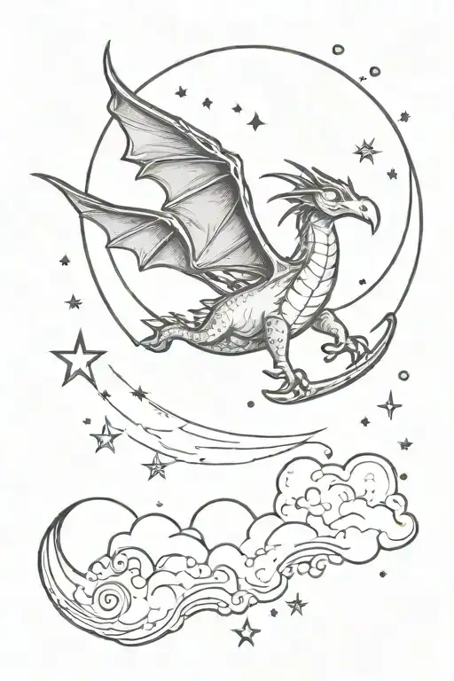 an whimsical smokey night sky with stars and a moon in the sky a very small fine line dragon flying tattoo design idea