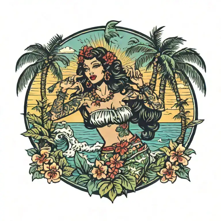 hula girl pin up with tattoos standing with palm trees and the ocean in color tattoo design idea