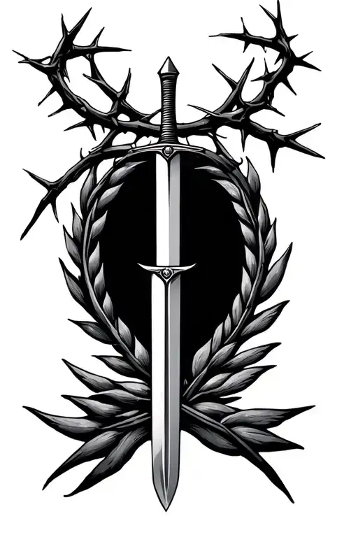 laurel wreath with sword through it. crown of thorns above it all tattoo design idea