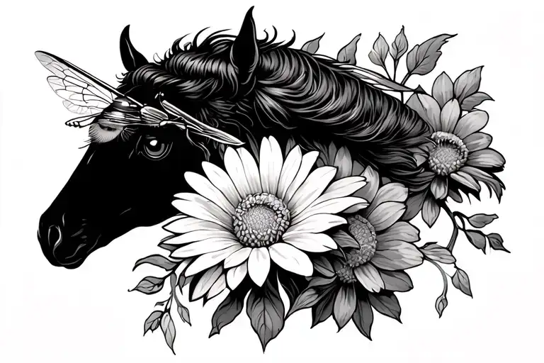 horses eye, bumble bee flying, chrysanthemum flowers  tattoo design idea