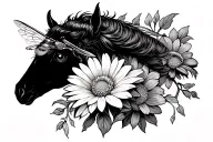 horses eye, bumble bee flying, chrysanthemum flowers  tattoo design idea