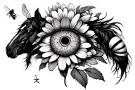 horses eye, bumble bee flying, chrysanthemum flowers  tattoo design idea