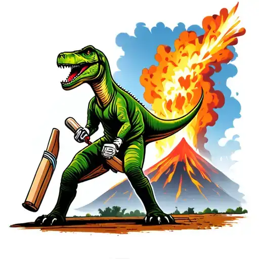 Dinosaur cricket player batting in front of violently erupting volcano tattoo design idea