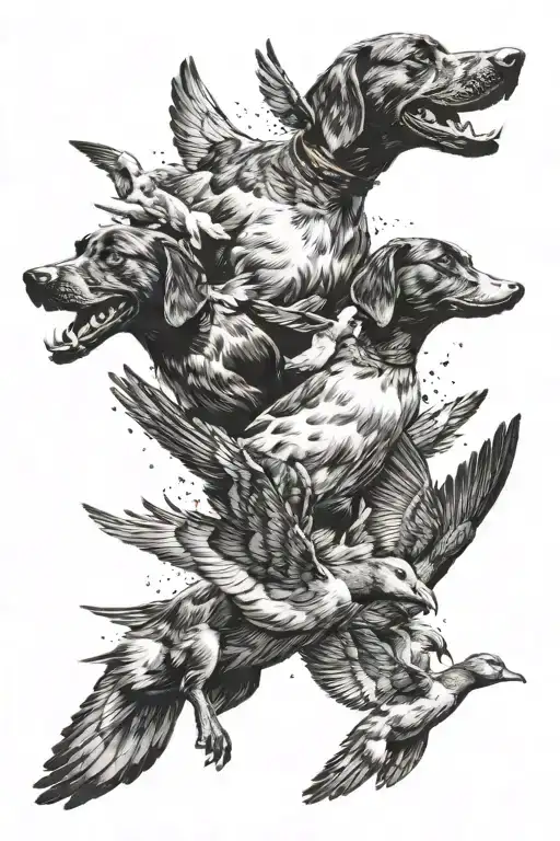 dog jumping a group of ducks flying tattoo design idea