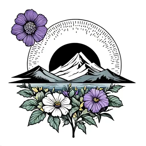 a sun with a mountain and a primrose a violet and a marigold in the forground tattoo design idea