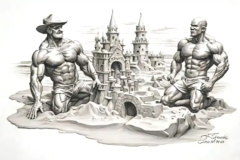 body building sandcastles tattoo design idea