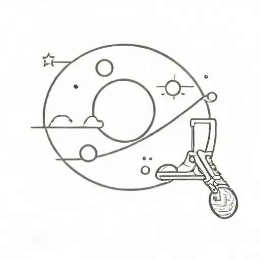 A minimalist tattoo of the moon with sports equipment hanging from it like a mobile tattoo design idea