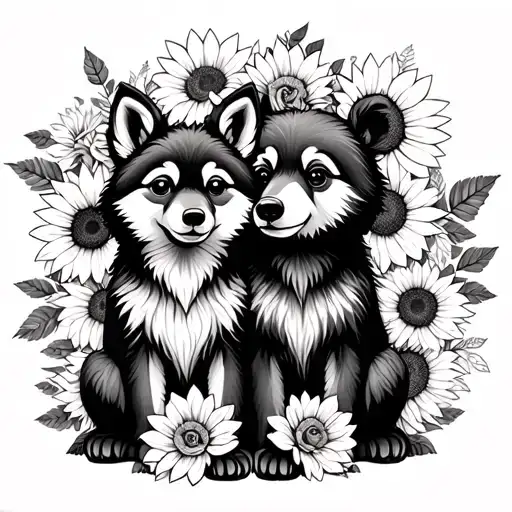  cute baby wolf and bear sitting with sunflowers and roses. black tattoo design idea