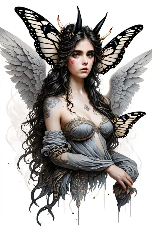 butterfly angel half demon tattoo design idea