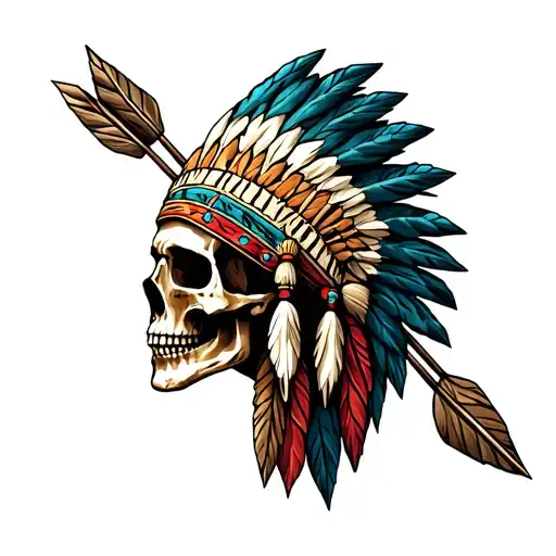 skull with Indian headdress with arrows in his head tattoo design idea