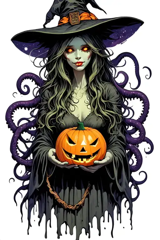 witch holding jack-o'-lantern, tentacles, space, eldritch tattoo design idea