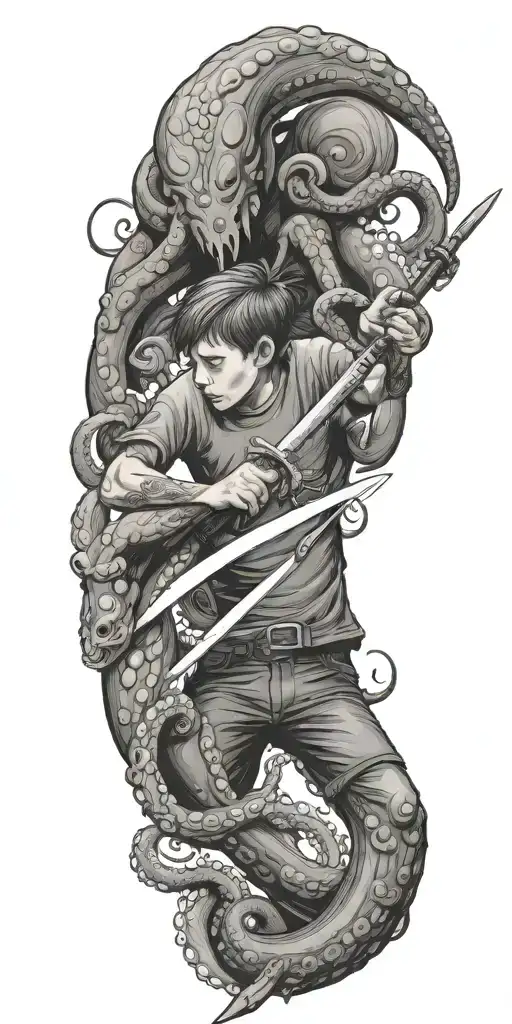 one boy with sword fights octopus tattoo design idea