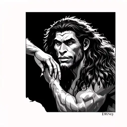 Can you create me a tatoo on Tarzan of very minimal Disney with the hand of Kala and Tarzan touching? tattoo design idea
