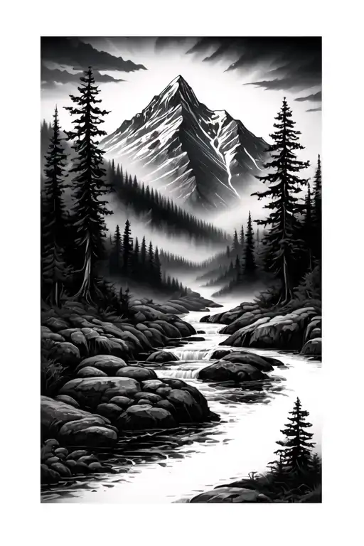 theme with mountain, dramatic sky, dark, foggy forrest but not with big trees and a river flowing down  tattoo design idea