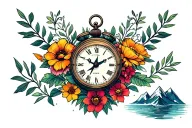flowers, small lion, small clock, small compass ,travel, mountains and water tattoo design idea