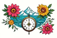 flowers, small lion, small clock, small compass ,travel, mountains and water tattoo design idea