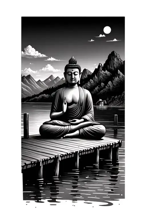 buddha meditating with mountains in the background over a river with a dock tattoo design idea