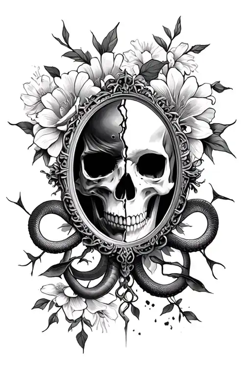 shattered mirror with half face and half skull surrounded by snakes and flowers tattoo design idea