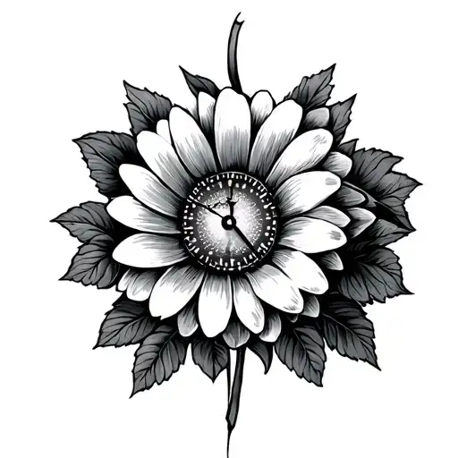 clock roses daisy tattoo design idea