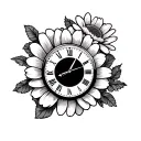 clock roses daisy tattoo design idea
