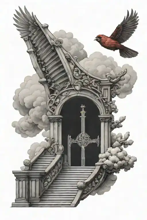 red cardinal bird flying towards heaven staircase with clouds tattoo design idea
